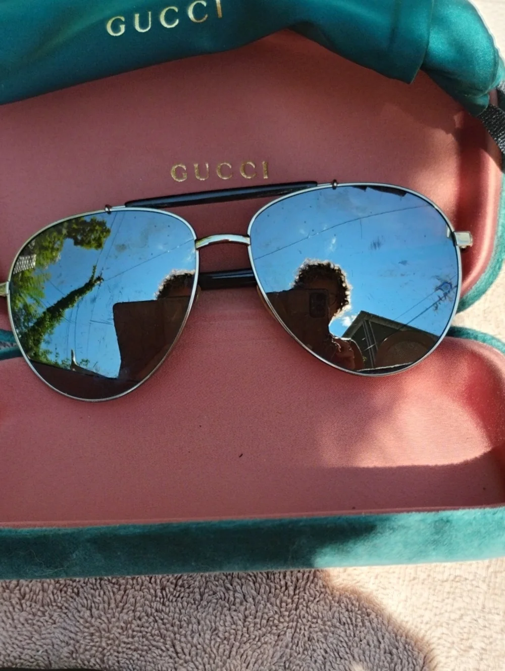 Gucci Men’s Aviator Sunglasses with Blue Mirrored Lenses and Silver Frame