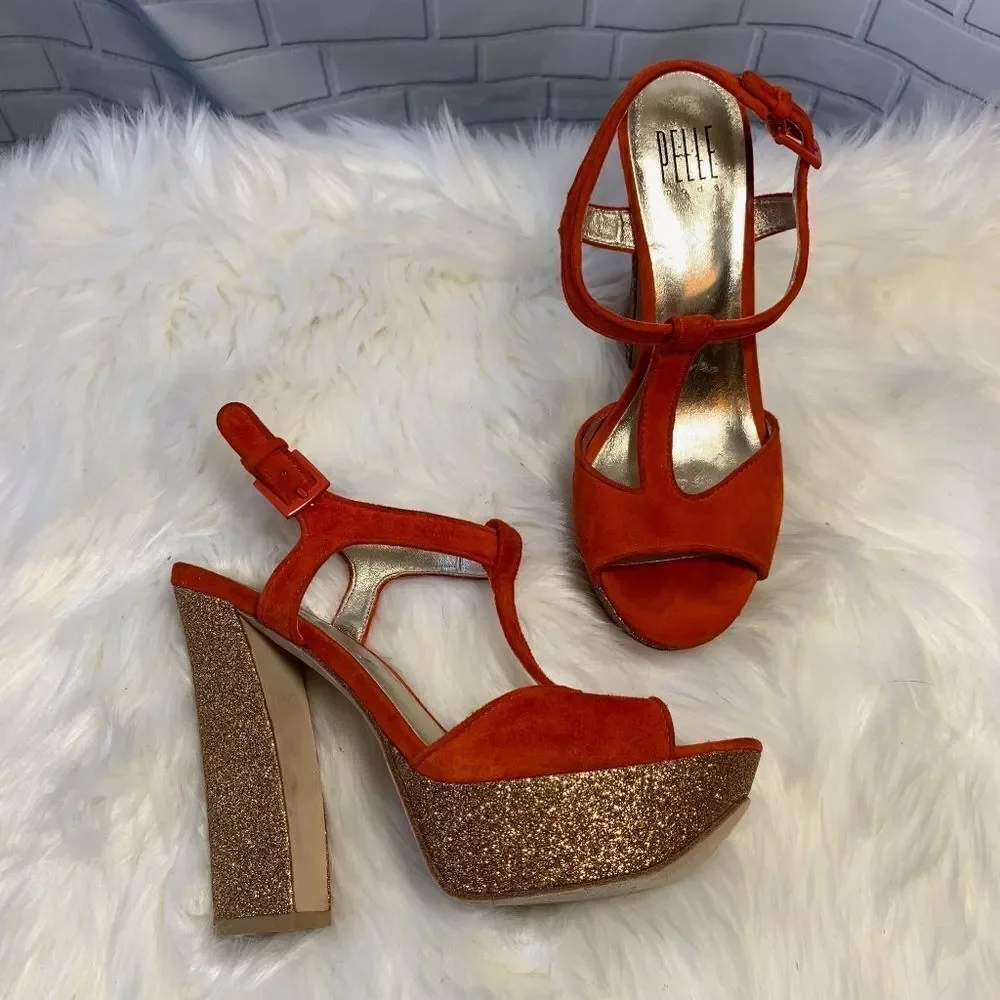 Pelle Moda Orange Suede Glitter Platform Shoes‎