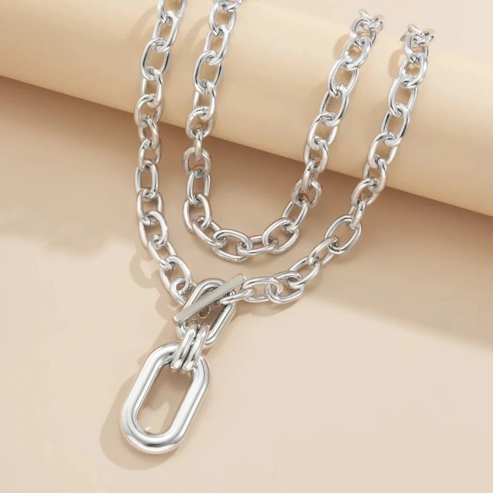 2pcs Zara Set Gold Double Interlock Oval Circle Link Chain Necklace