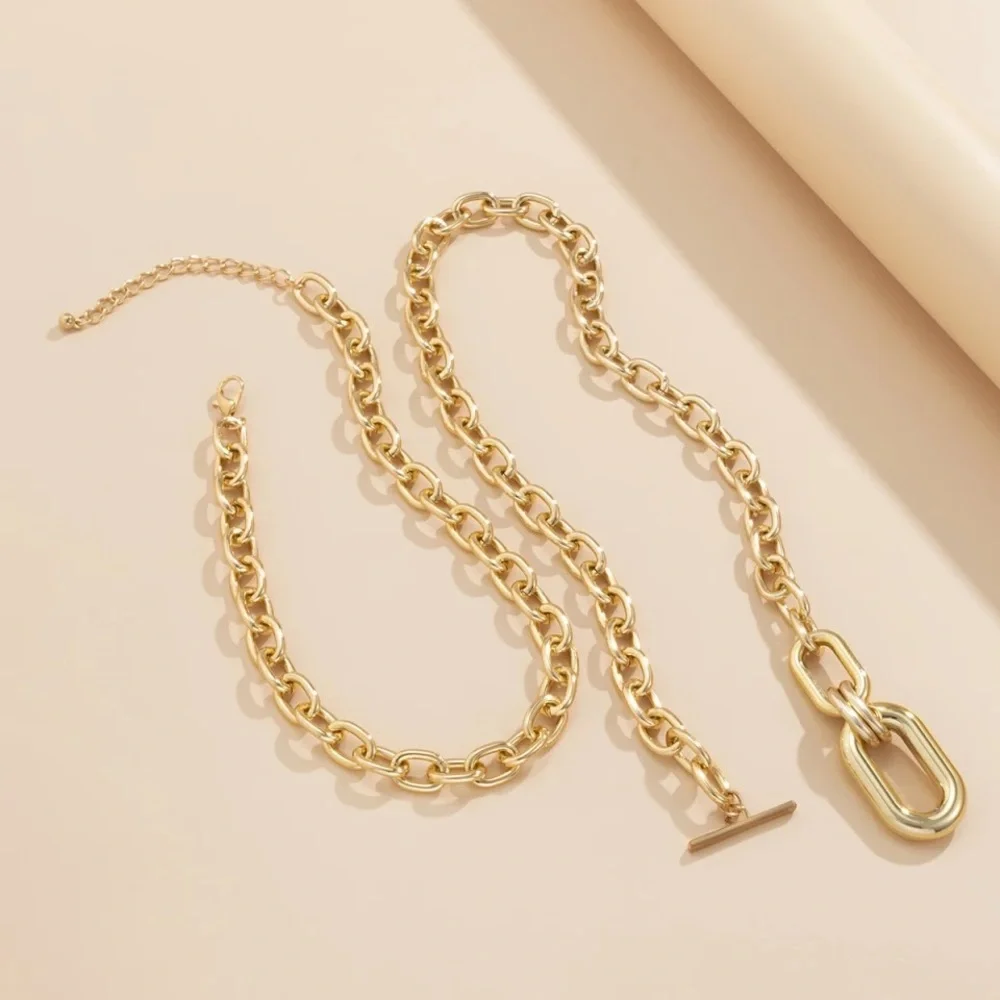 2pcs Zara Set Gold Double Interlock Oval Circle Link Chain Necklace
