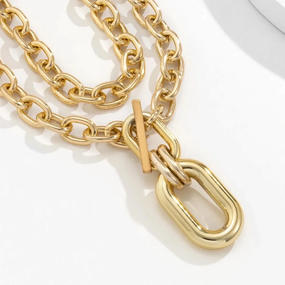 2pcs Zara Set Gold Double Interlock Oval Circle Link Chain Necklace