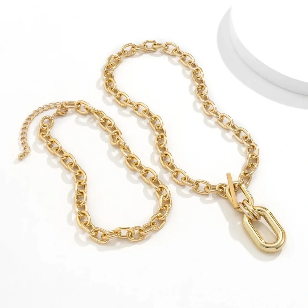 2pcs Zara Set Gold Double Interlock Oval Circle Link Chain Necklace