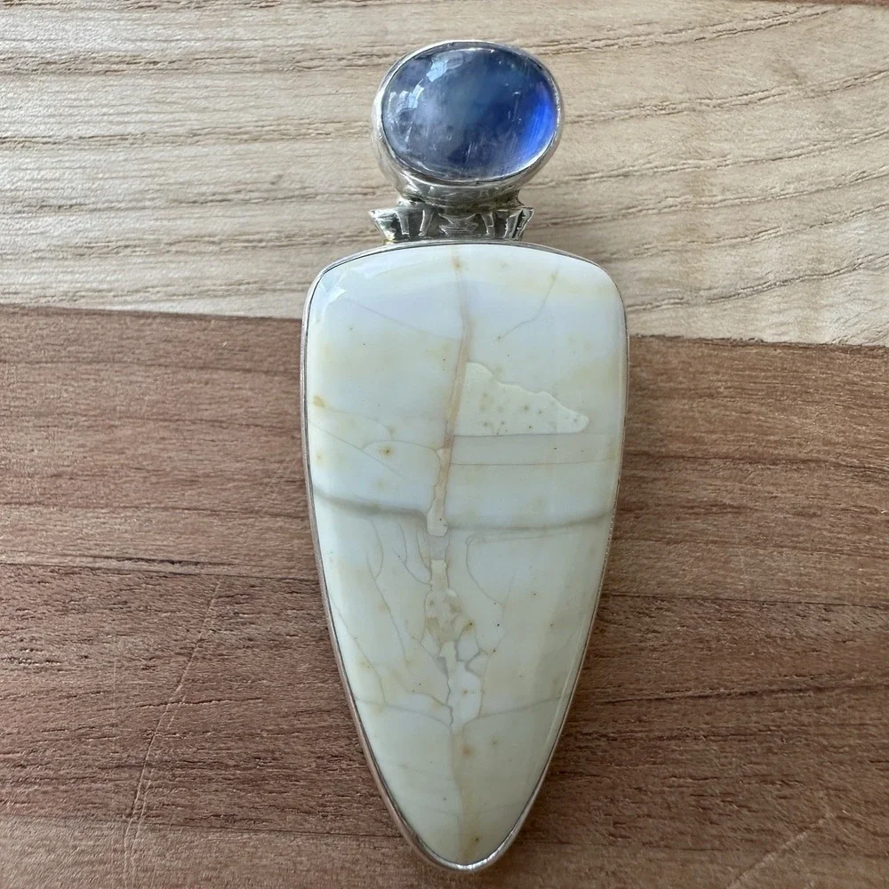 VTG‎ Thomas Gourneau Pendant 1.75 Inch Opalized Wood Moonstone 925 Sterling 8.6g