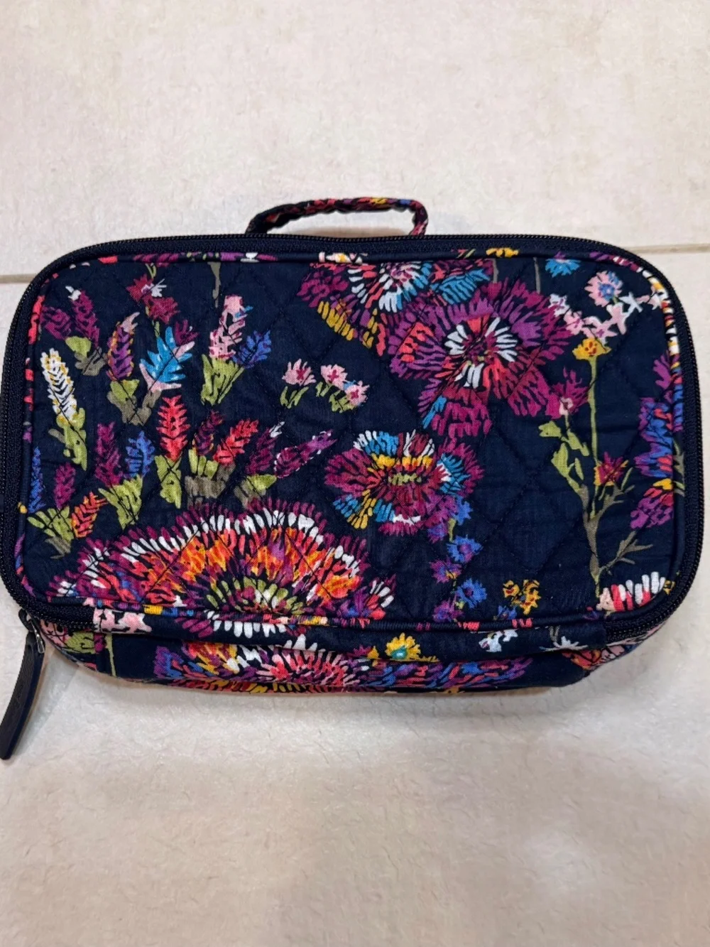 Vera Bradley Navy Blue Toiletry Bag Floral Pattern Dual Pockets Carry Handle