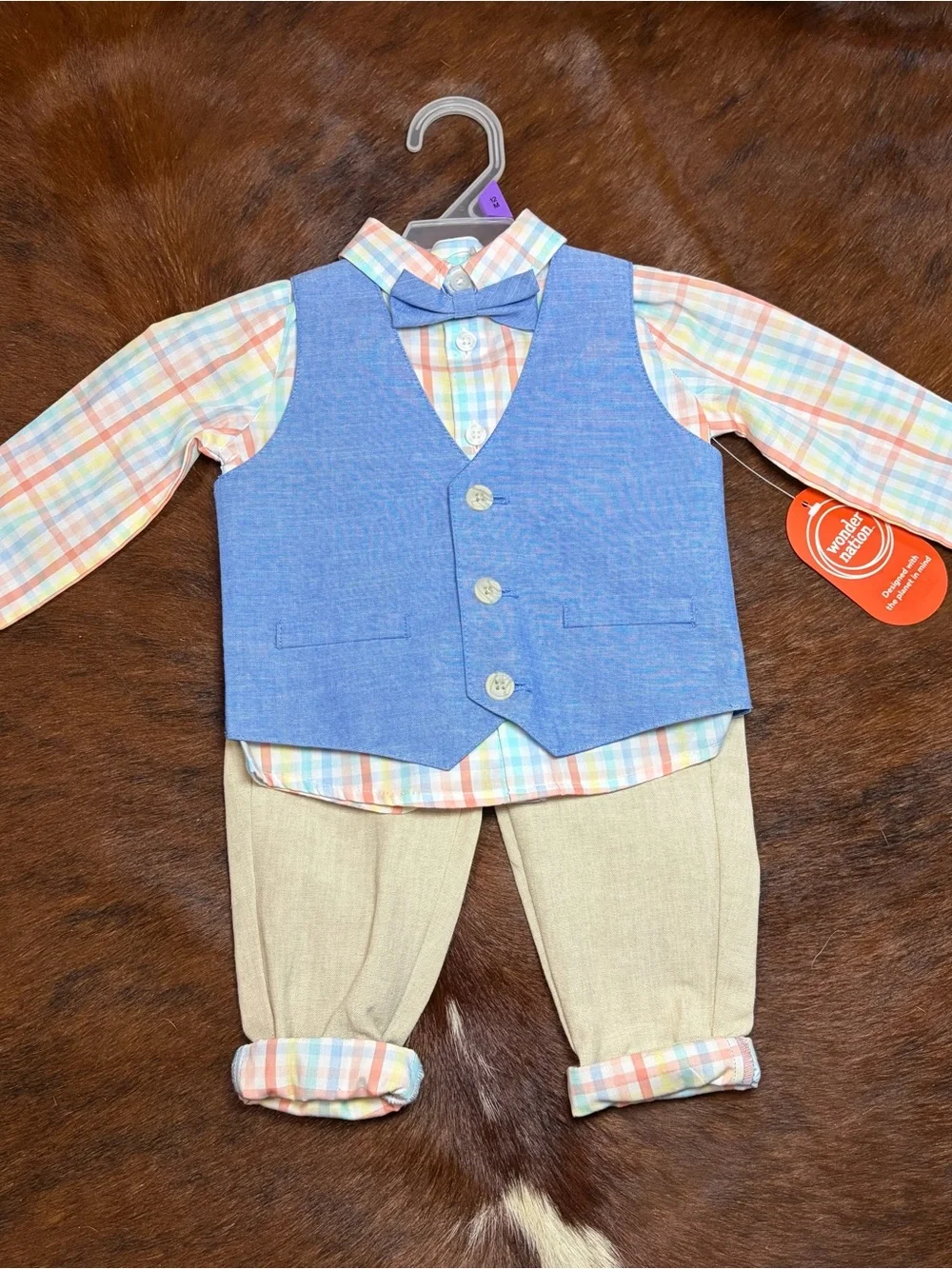 wonder nation Blue Vest & Pastel Plaid Shirt Set with Tan Pants