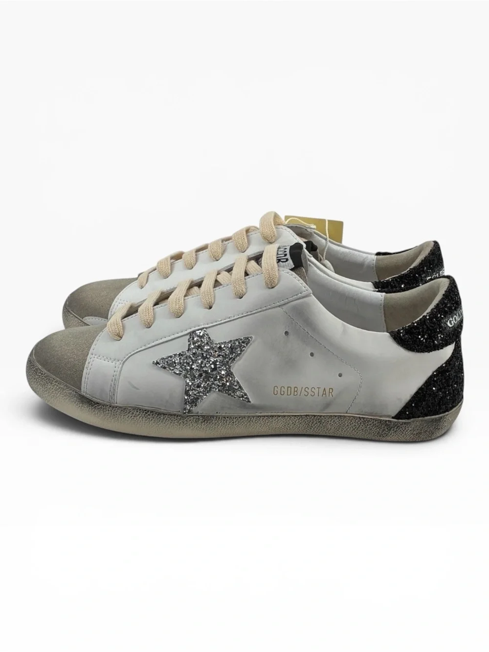 Golden Goose Superstar White Silver Black Glitter Star NIB 8.5