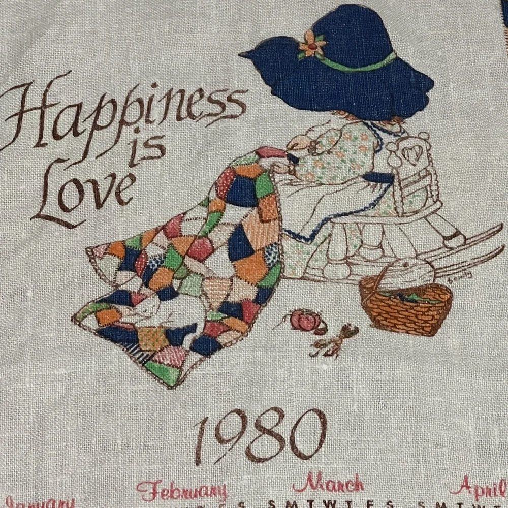 1980 Linen Towel Calendar Sunbonnet Sue Quilter Patchwork Vintage Wall Hanging