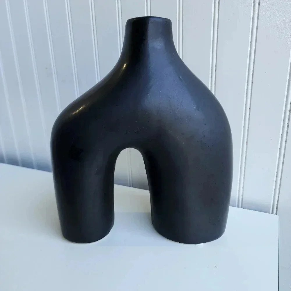 Matte Black Ceramic Table Vase Décor Minimalist Modern Abstract  10.5