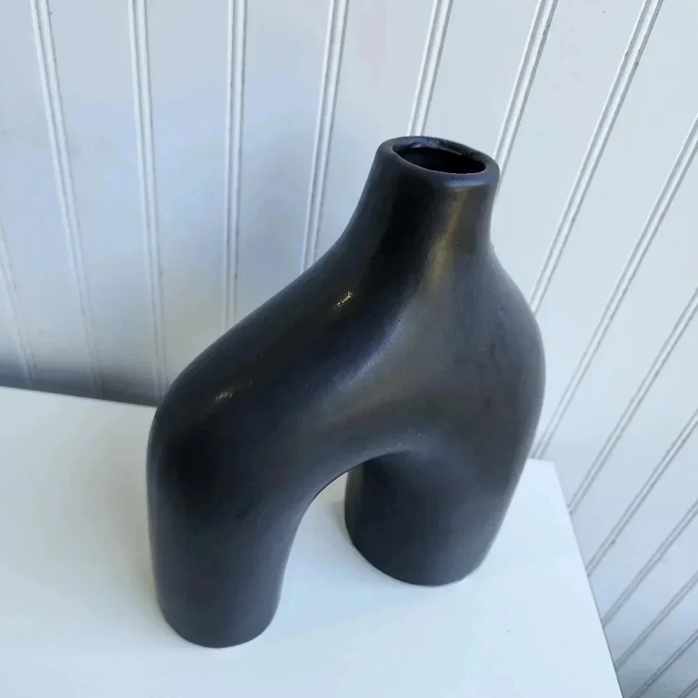 Matte Black Ceramic Table Vase Décor Minimalist Modern Abstract  10.5