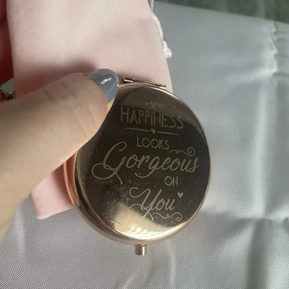 Happiness Looks Gorgeous On You Metallic Rose Colored Compact Double Mirror