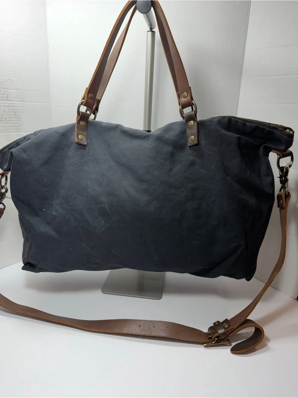RED HOUSE Waxed Canvas Weekend Tote with Leather Straps - Gray made by hand