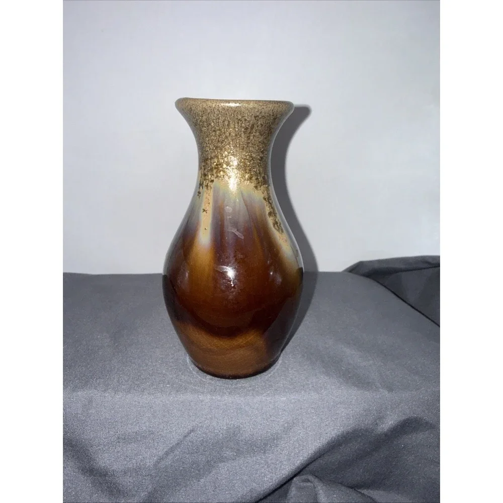 Vintage Studio Pottery Running Amber Brown Glazed Pottery Vase 5