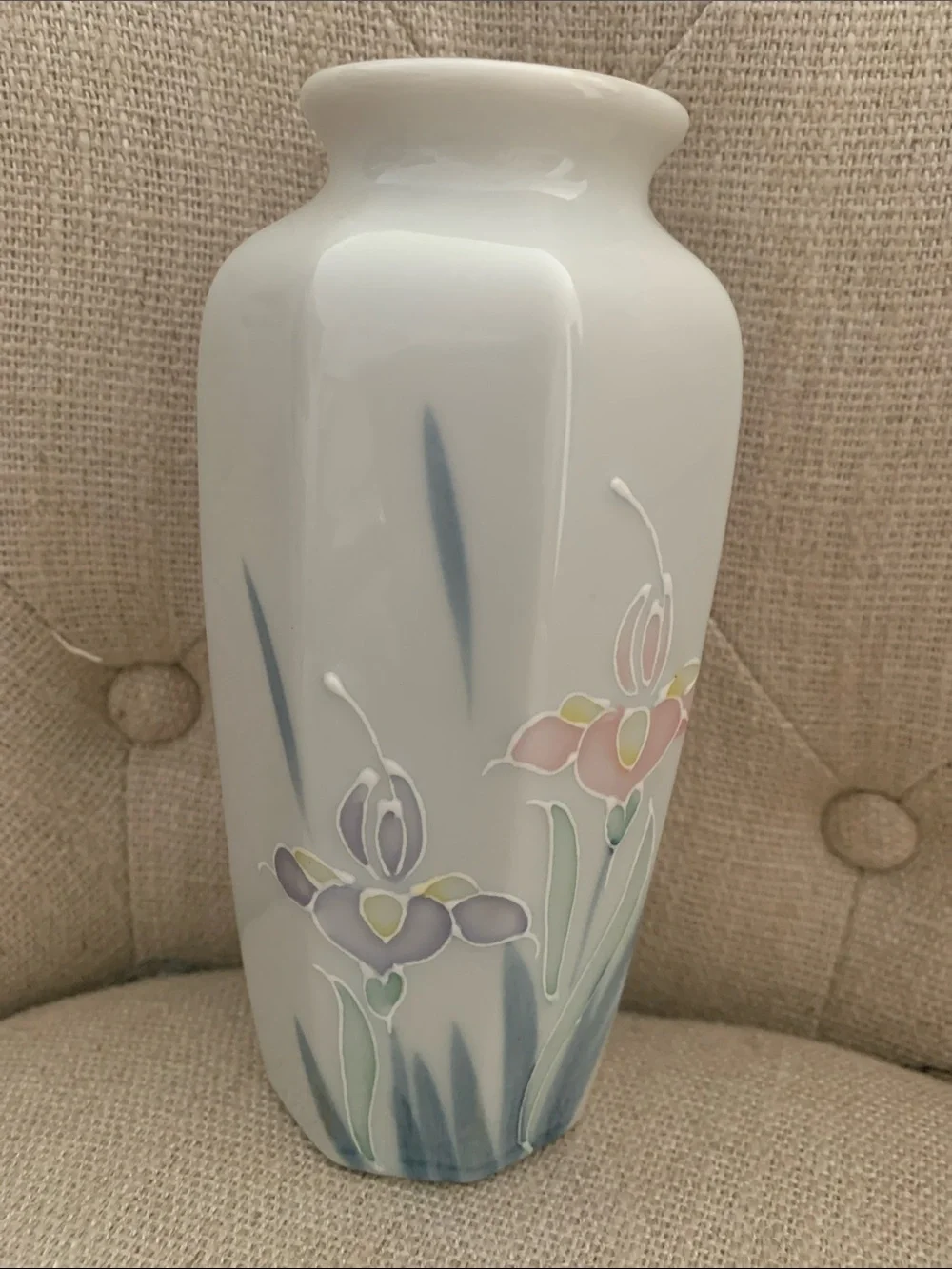 Otagiri White Porcelain Vase with Pastel Iris Motif- vintage Japan