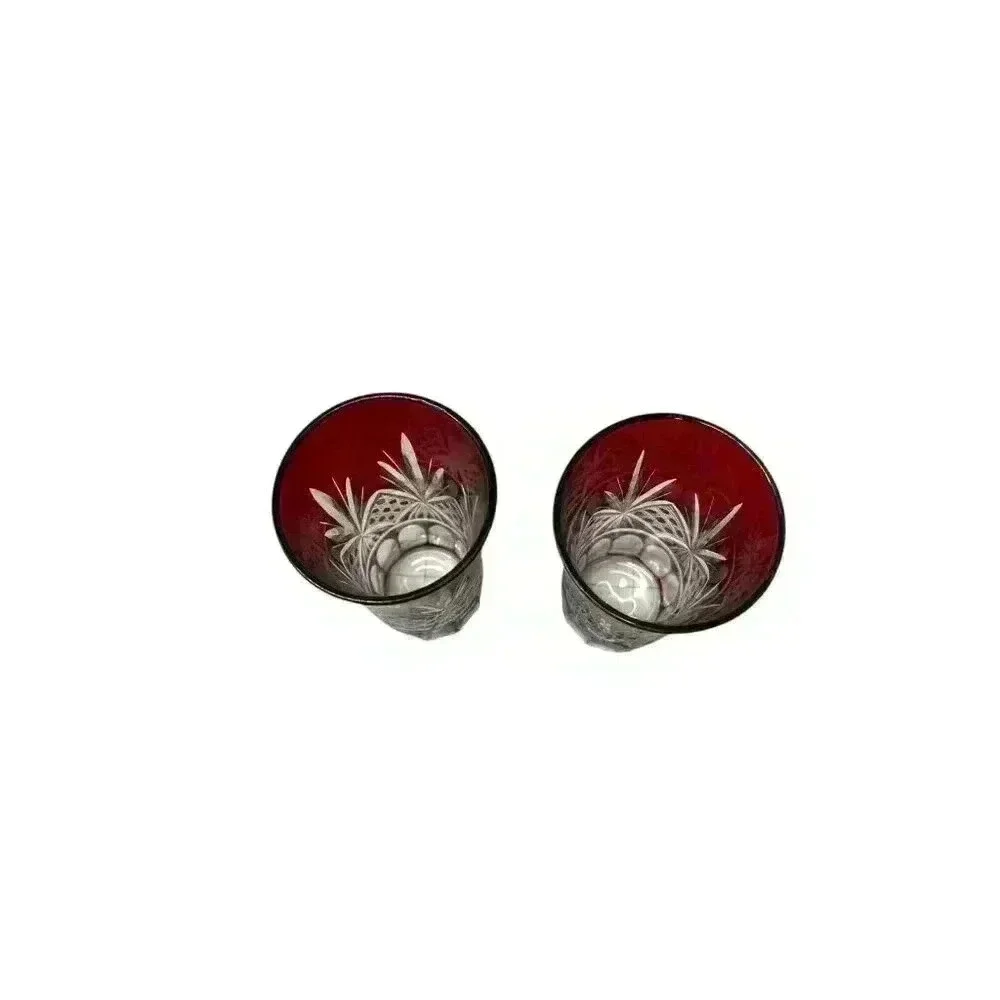 2 Vintage Ruby Red Cut Clear Bohemian Glass 4