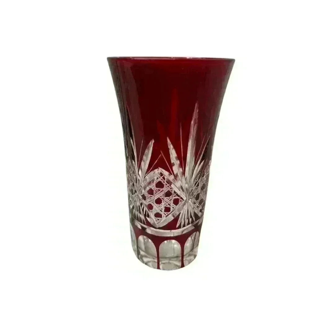 2 Vintage Ruby Red Cut Clear Bohemian Glass 4