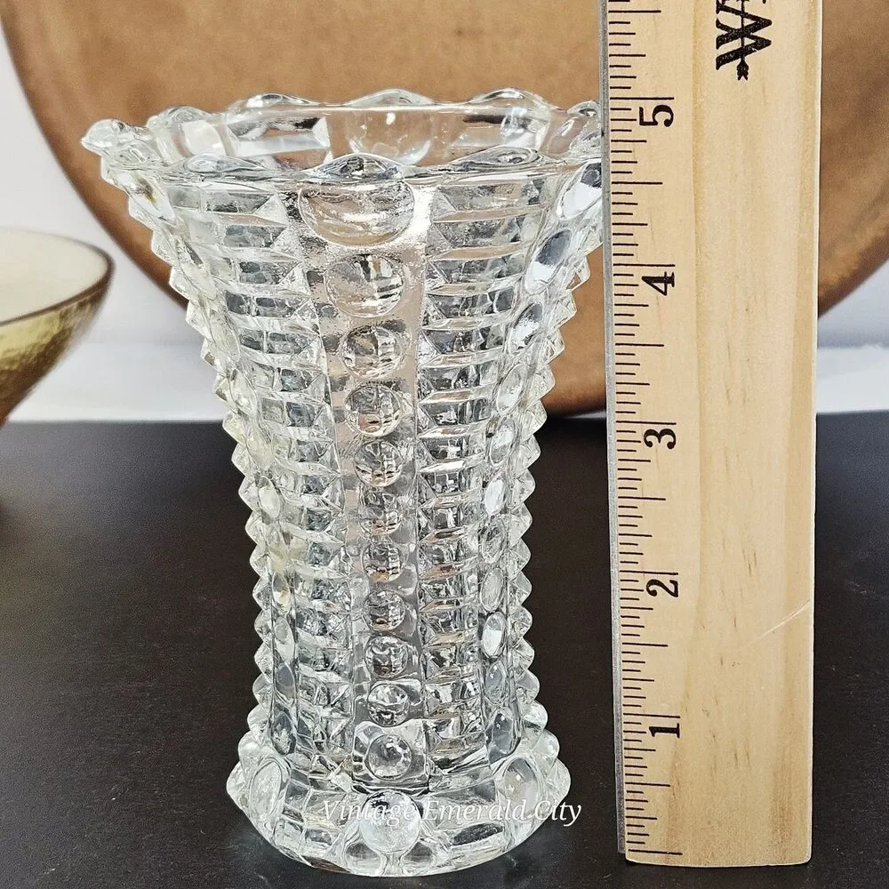 Vtg Indiana Clear Glass Bud Vase Art Deco dot dash Textured Scalloped Mayflower