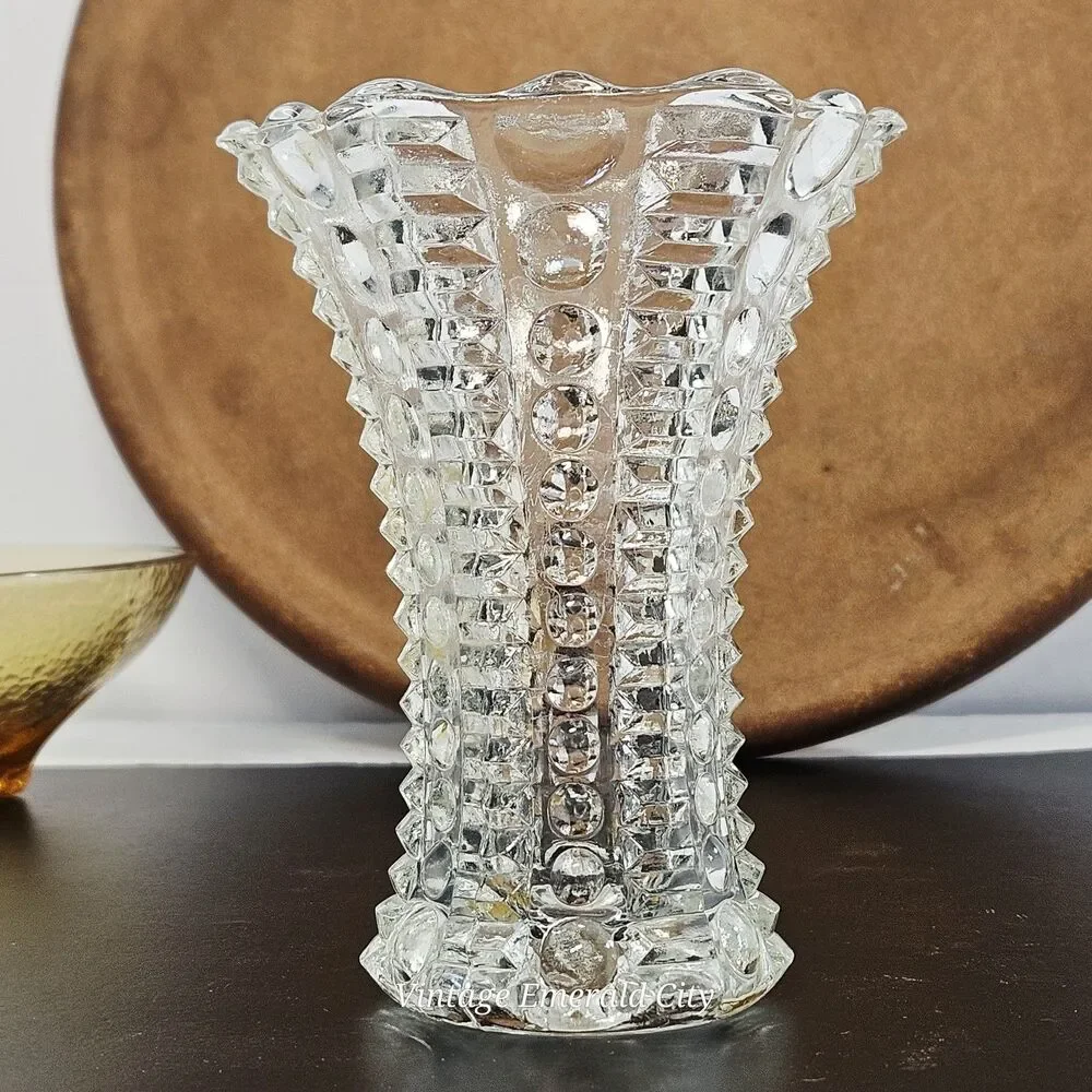 Vtg Indiana Clear Glass Bud Vase Art Deco dot dash Textured Scalloped Mayflower