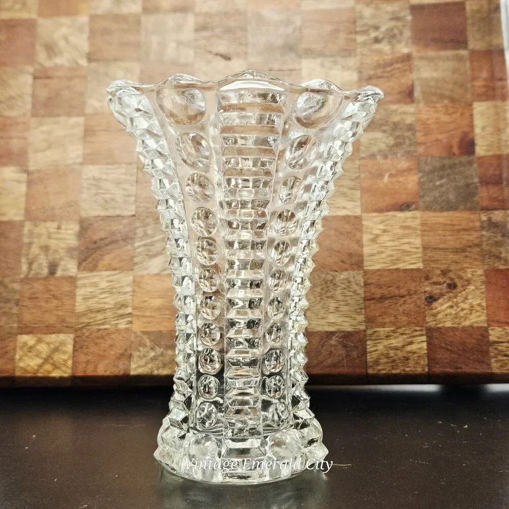 Vtg Indiana Clear Glass Bud Vase Art Deco dot dash Textured Scalloped Mayflower