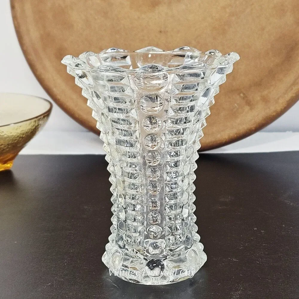Vtg Indiana Clear Glass Bud Vase Art Deco dot dash Textured Scalloped Mayflower
