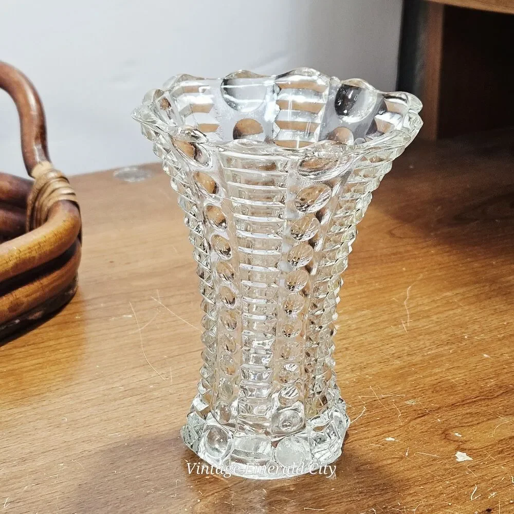 Vtg Indiana Clear Glass Bud Vase Art Deco dot dash Textured Scalloped Mayflower