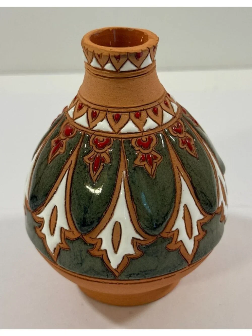 Vintage Bonis Pottery Greece Handmade Enamel Terracotta Clay Flower Vase
