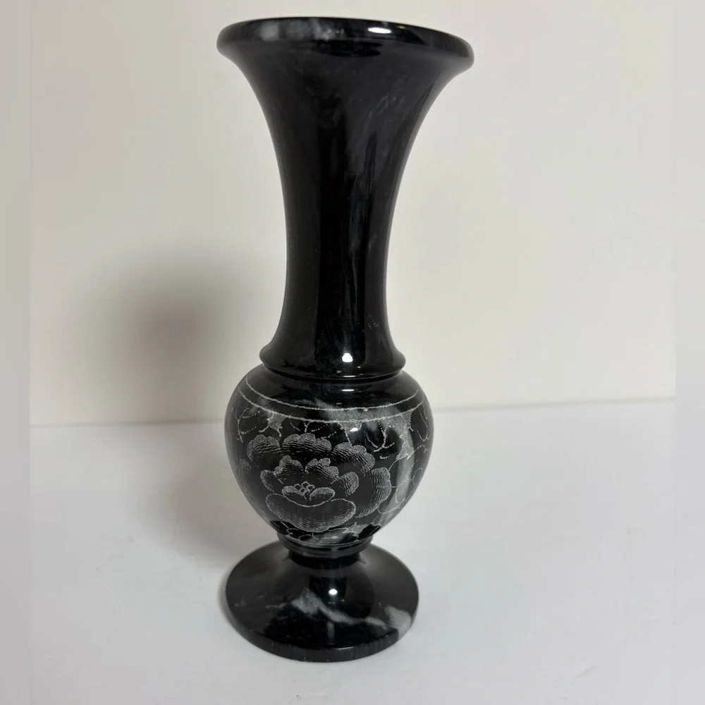 Vintage Marble Dark Gray Floral Etched Vase
