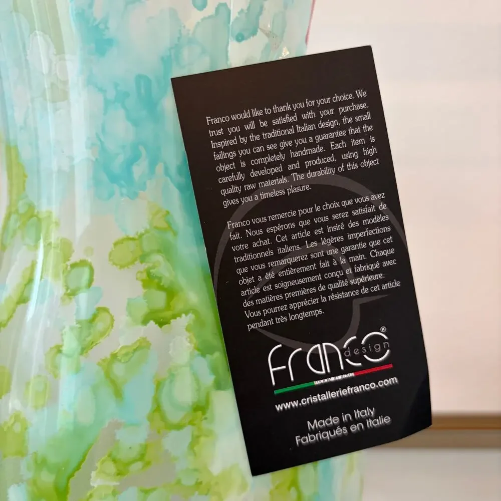 Franco Italy Murano Art Glass Vase 11.5in Pastel Blue & Green Speckled NEW