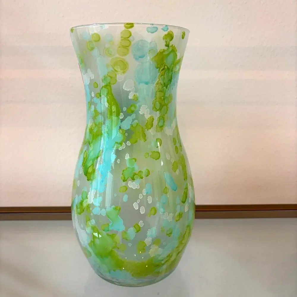 Franco Italy Murano Art Glass Vase 11.5in Pastel Blue & Green Speckled NEW