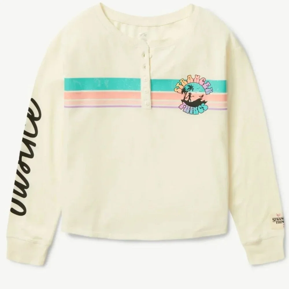Justice Girls S STRANGER THINGS Long Sleeve Creme Henley Shirt SIZE 7-8 NEW