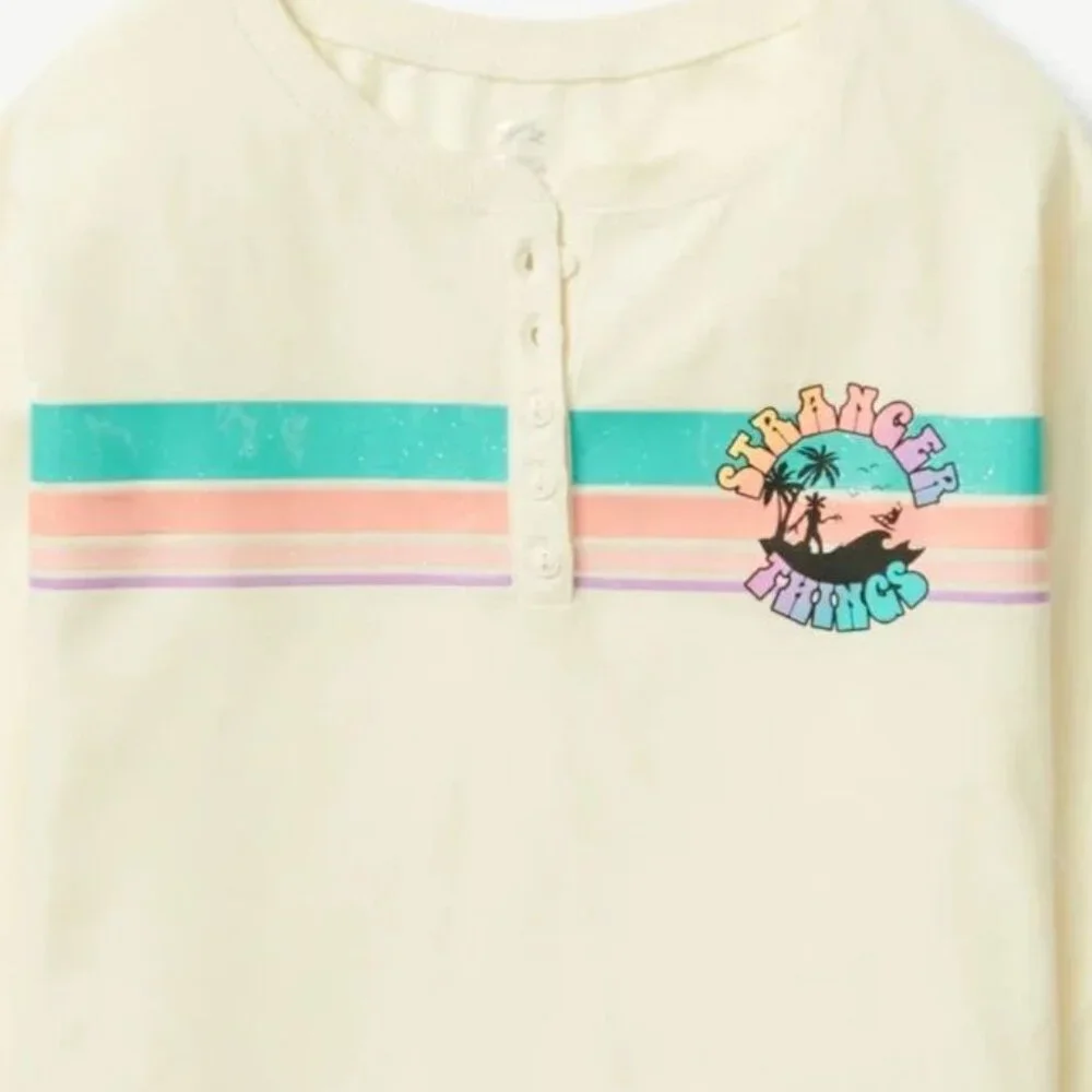 Justice Girls S STRANGER THINGS Long Sleeve Creme Henley Shirt SIZE 7-8 NEW