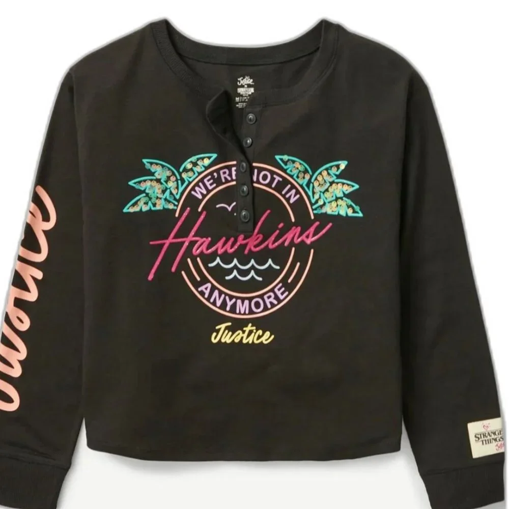 Justice Girls XL PLUS STRANGER THINGS Long Sleeve Henley Shirt SIZE 16P-18P NEW