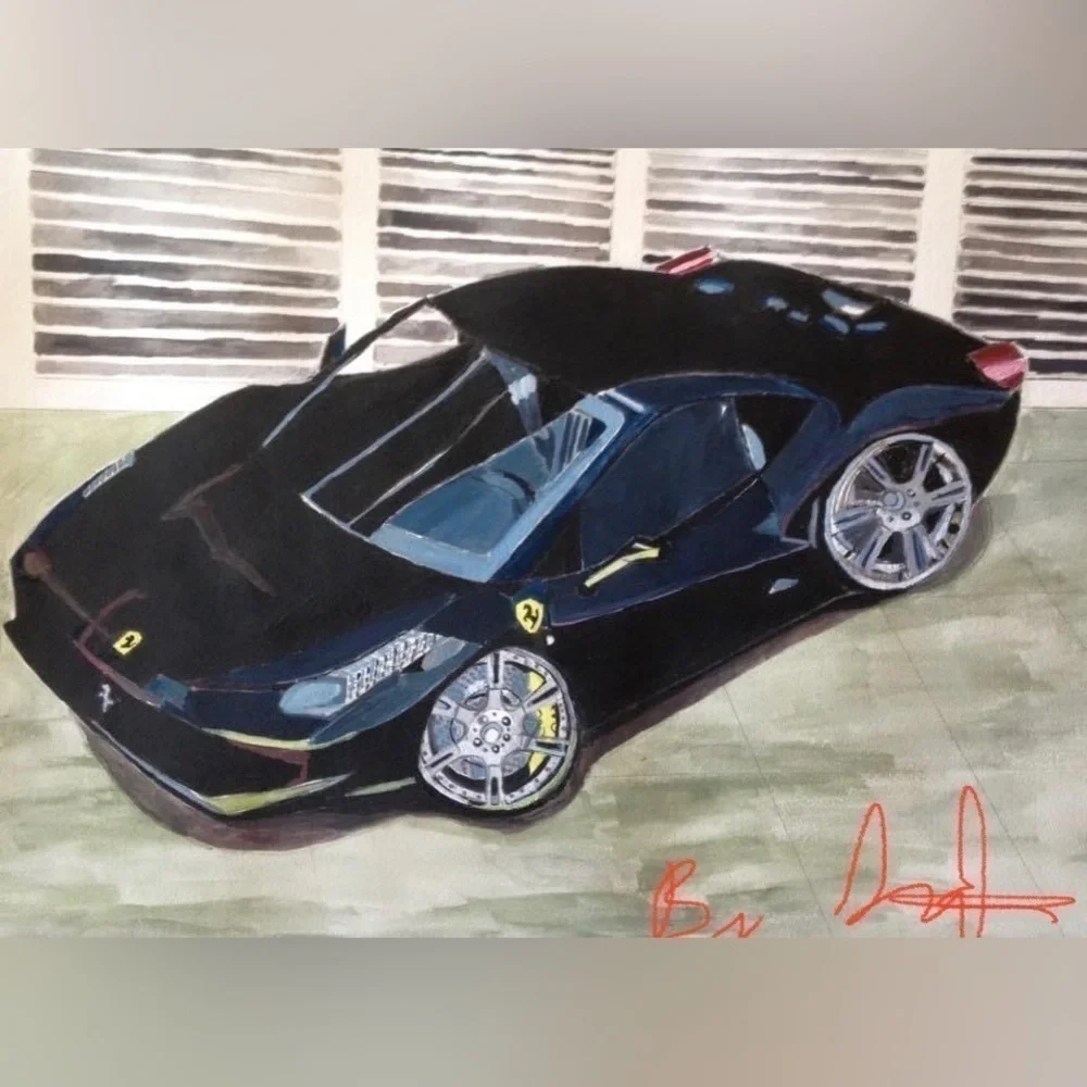 Hand painted watercolor print by me on an A4 paper with lamination NWT Ferrari