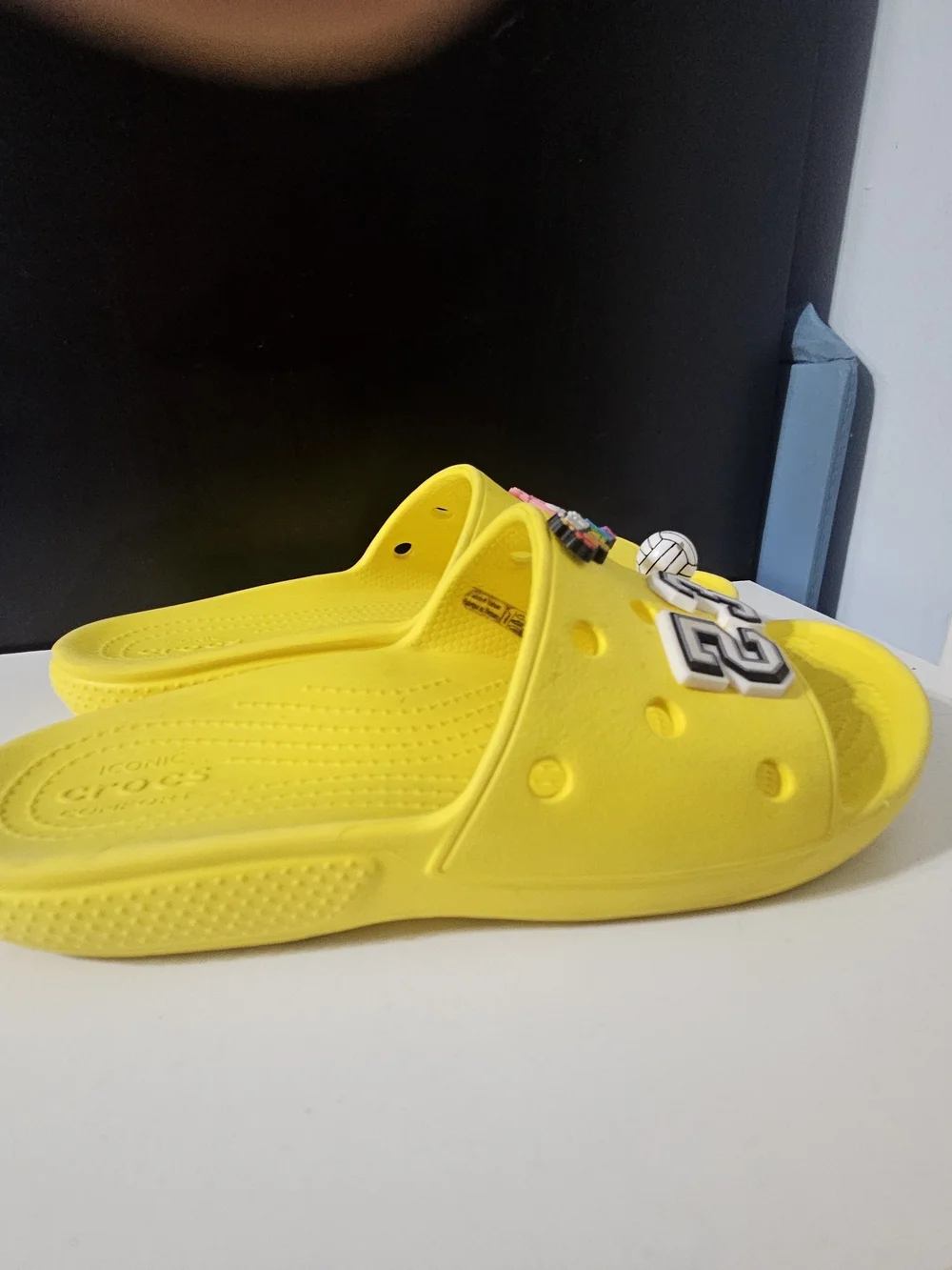CROCS Yellow Slip-On Athletic Slide Sandals with Decorative Charms