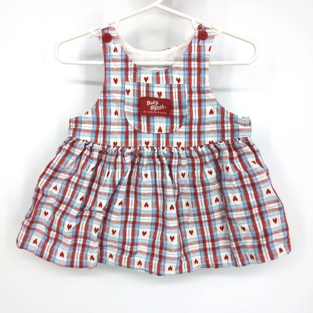 OshKosh B'gosh Vintage Plaid Pinafore Dress Red White Blue Heart Baby Girls 12M