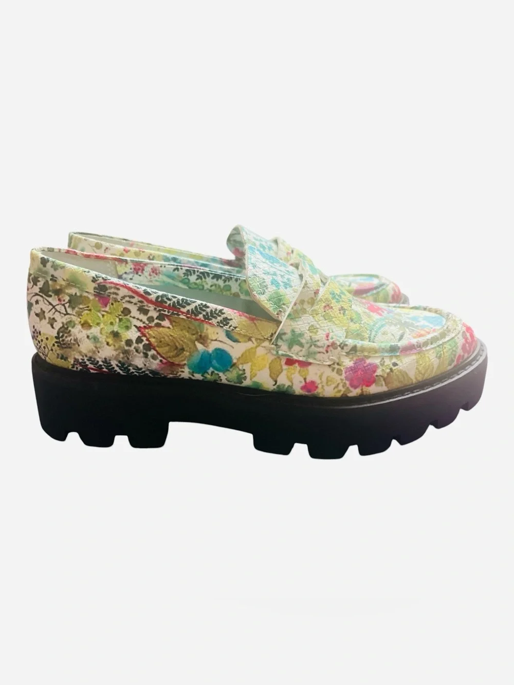 Franco Sarto Balin Floral Faux Leather Penny Loafers Chunky Lug Sole Size 6.5