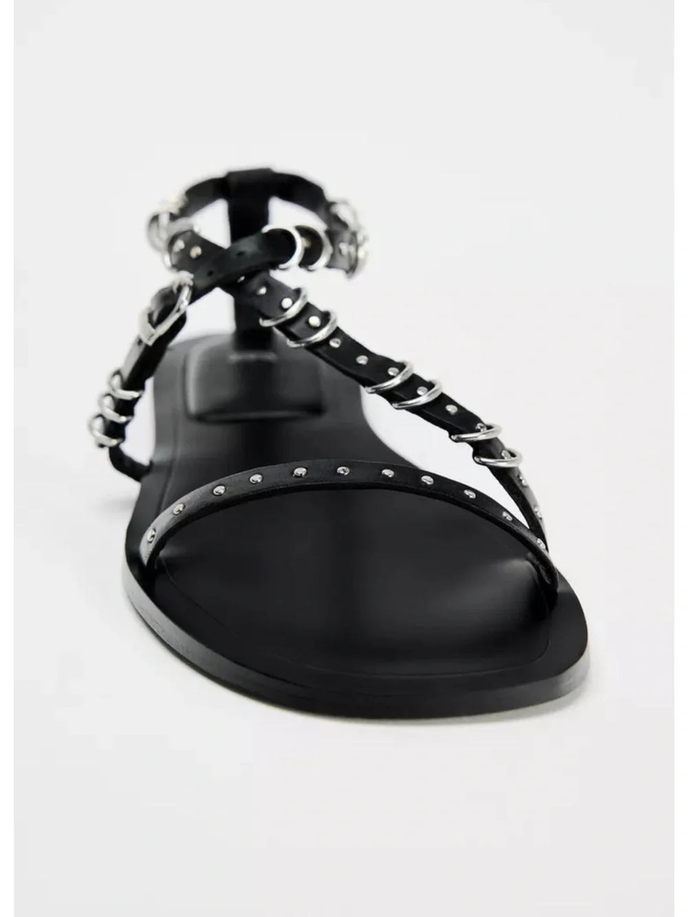ZARA Black Leather Ring-Detail Stud Yassi Sandals, SZ 38