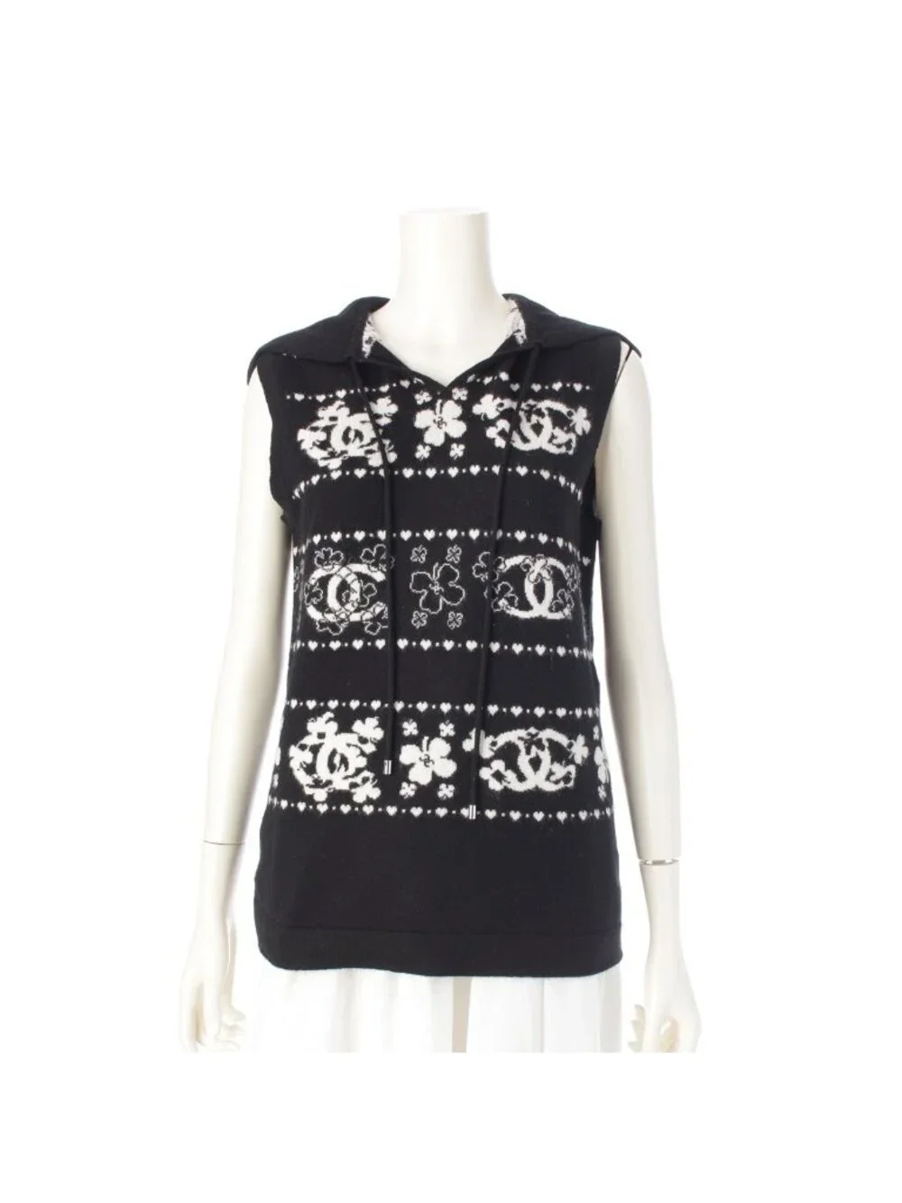 Chanel Cashmere Cotton CC Logo Clover Hoodie Knit Vest Top Black White 38