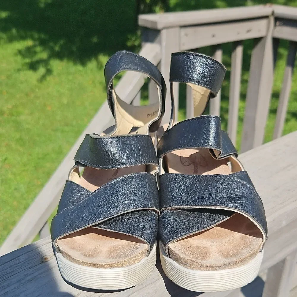 FLY London Black Leather Wedge Sandals Size 39