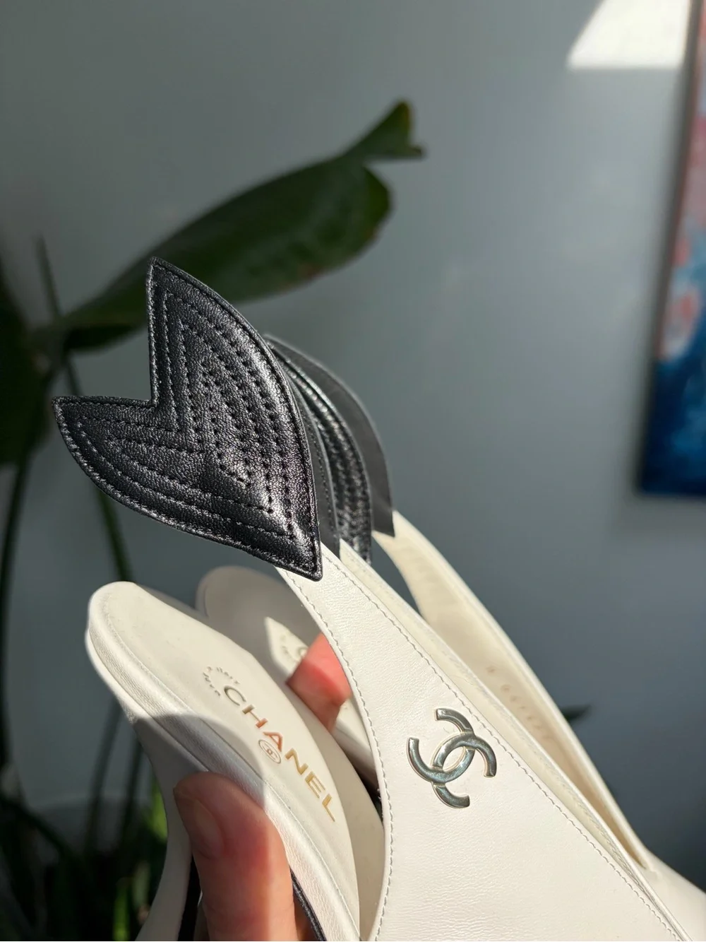 26A  Chanel Slingback  with Wings Lambskin  White & Black Size 38.5 New/receipt