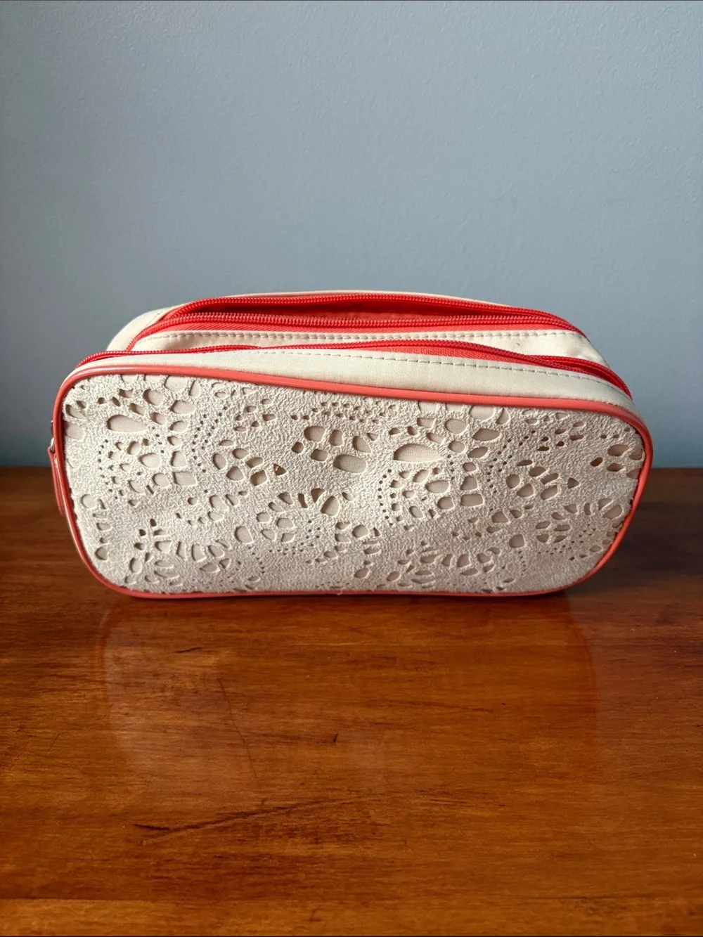 Nordstrom Cream Cosmetic Case with Coral Trim
