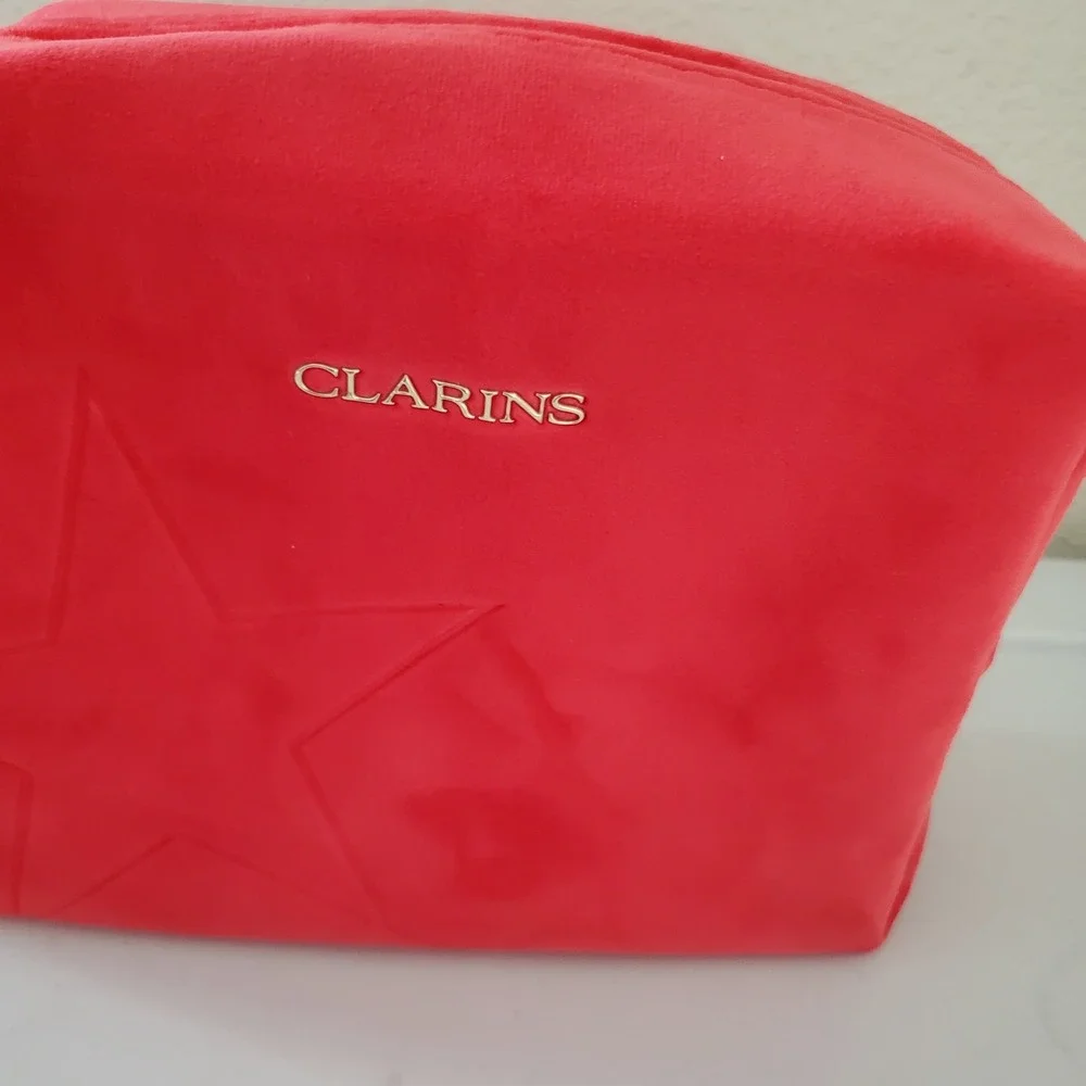 Clarins Red Velvet Star Embossed Makeup Bag Eco Friendly Recycled Pouch