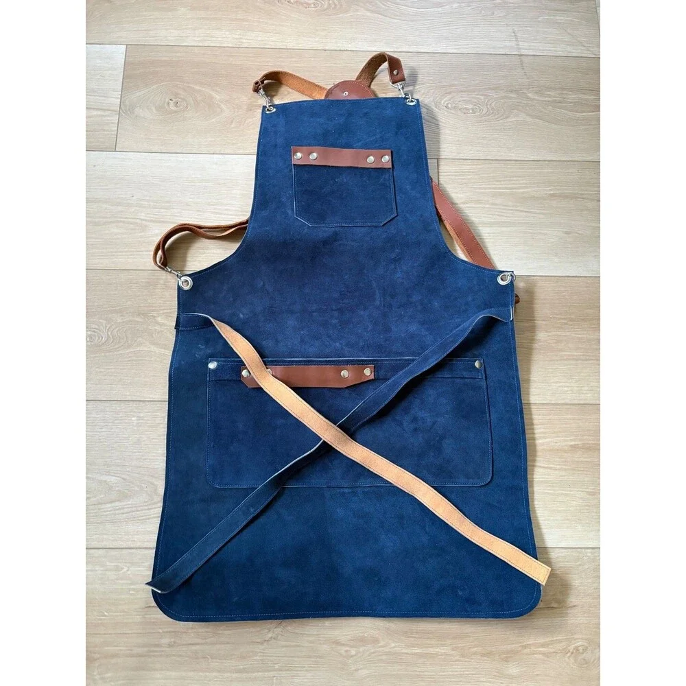 Blue Suede Leather Apron Adjustable Crossback Straps Chef Grilling Workshop