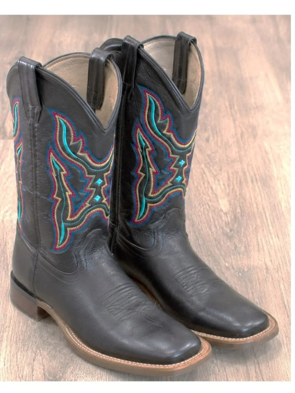 Suyanne Men's 5D Black Leather Western Cowboy Boots Embroidered Square Toe