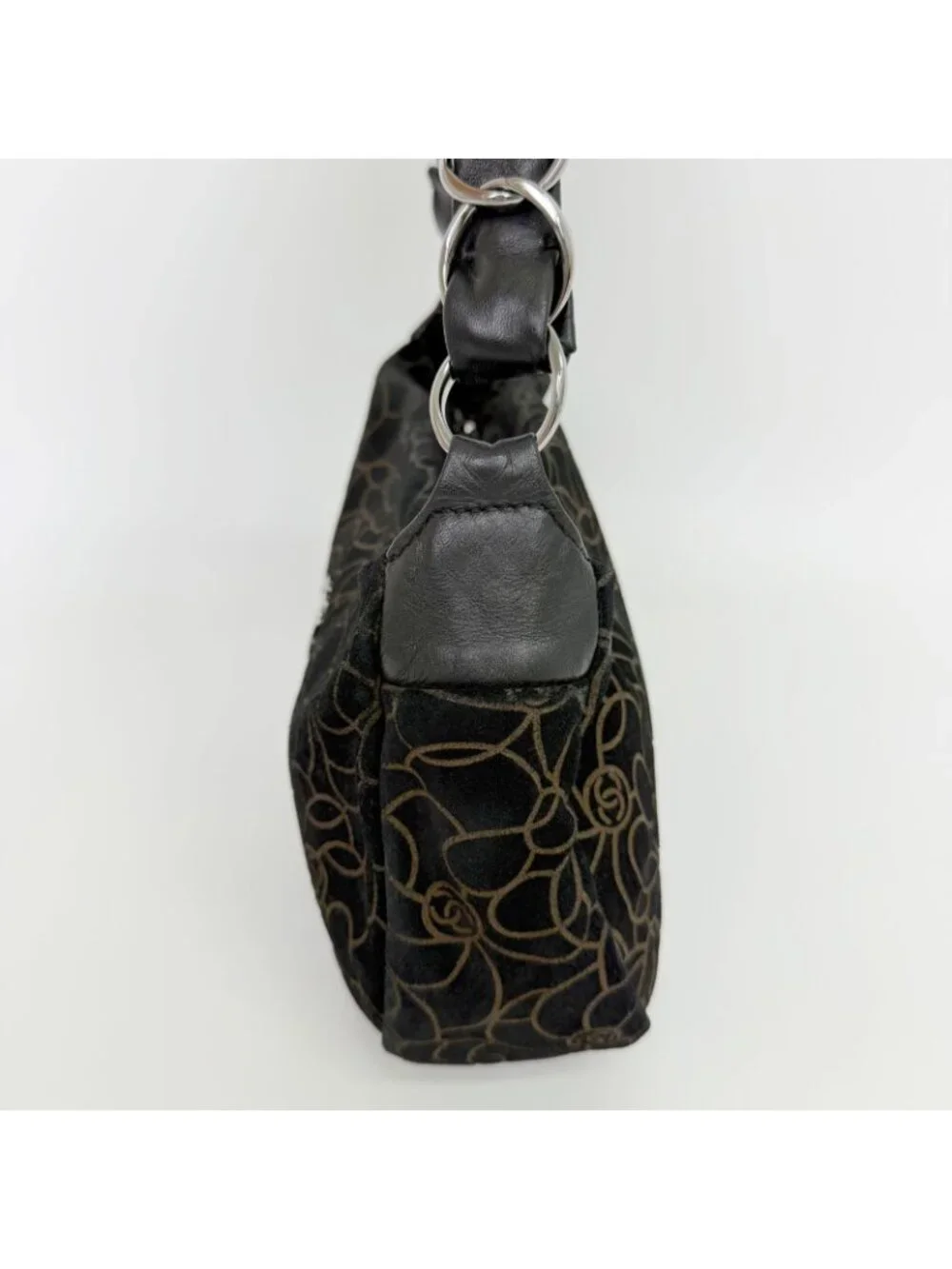 Chanel Camellia Print CC Logo Chain Shoulder Bag Suede Leather Black Silver