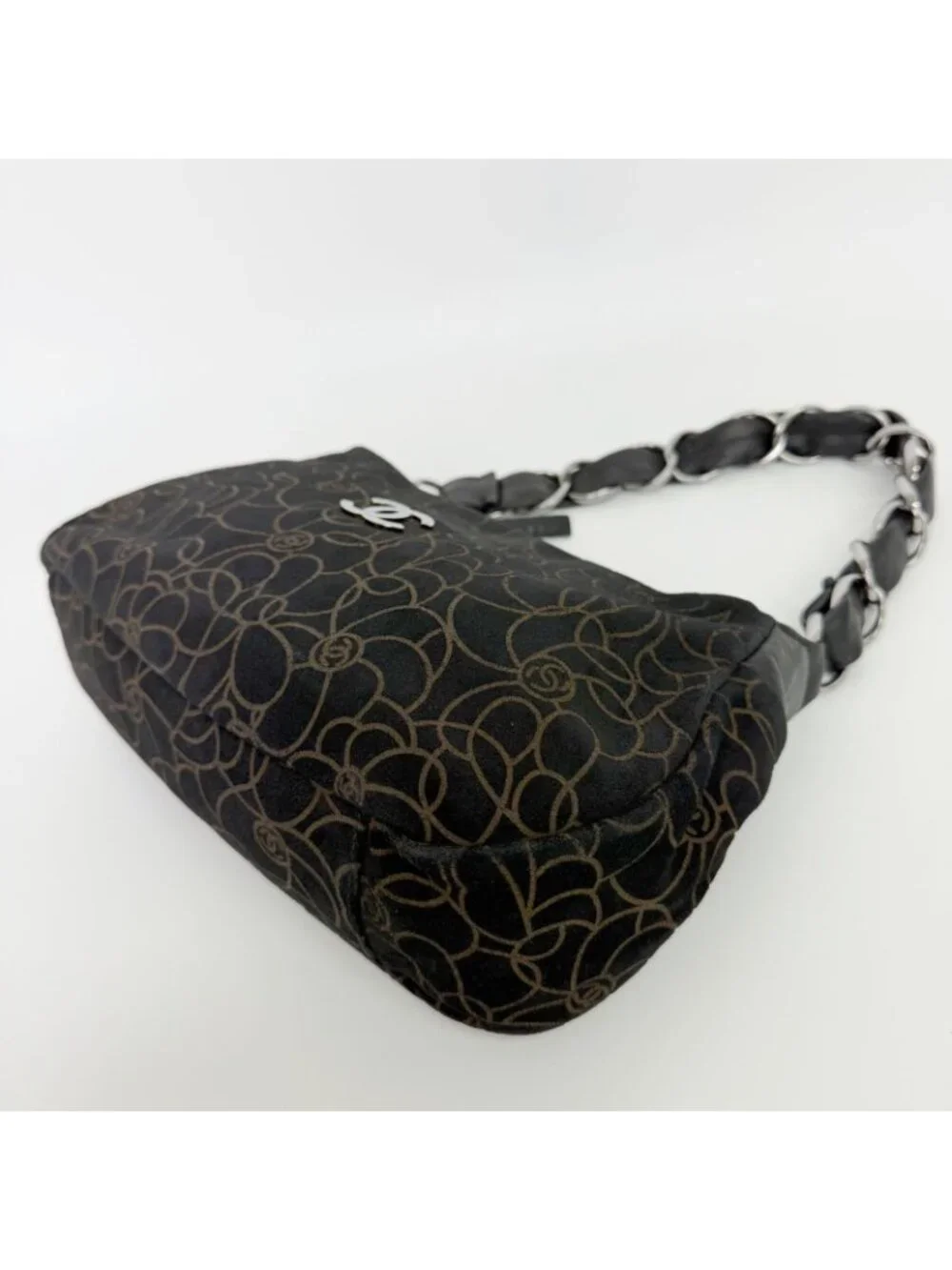 Chanel Camellia Print CC Logo Chain Shoulder Bag Suede Leather Black Silver