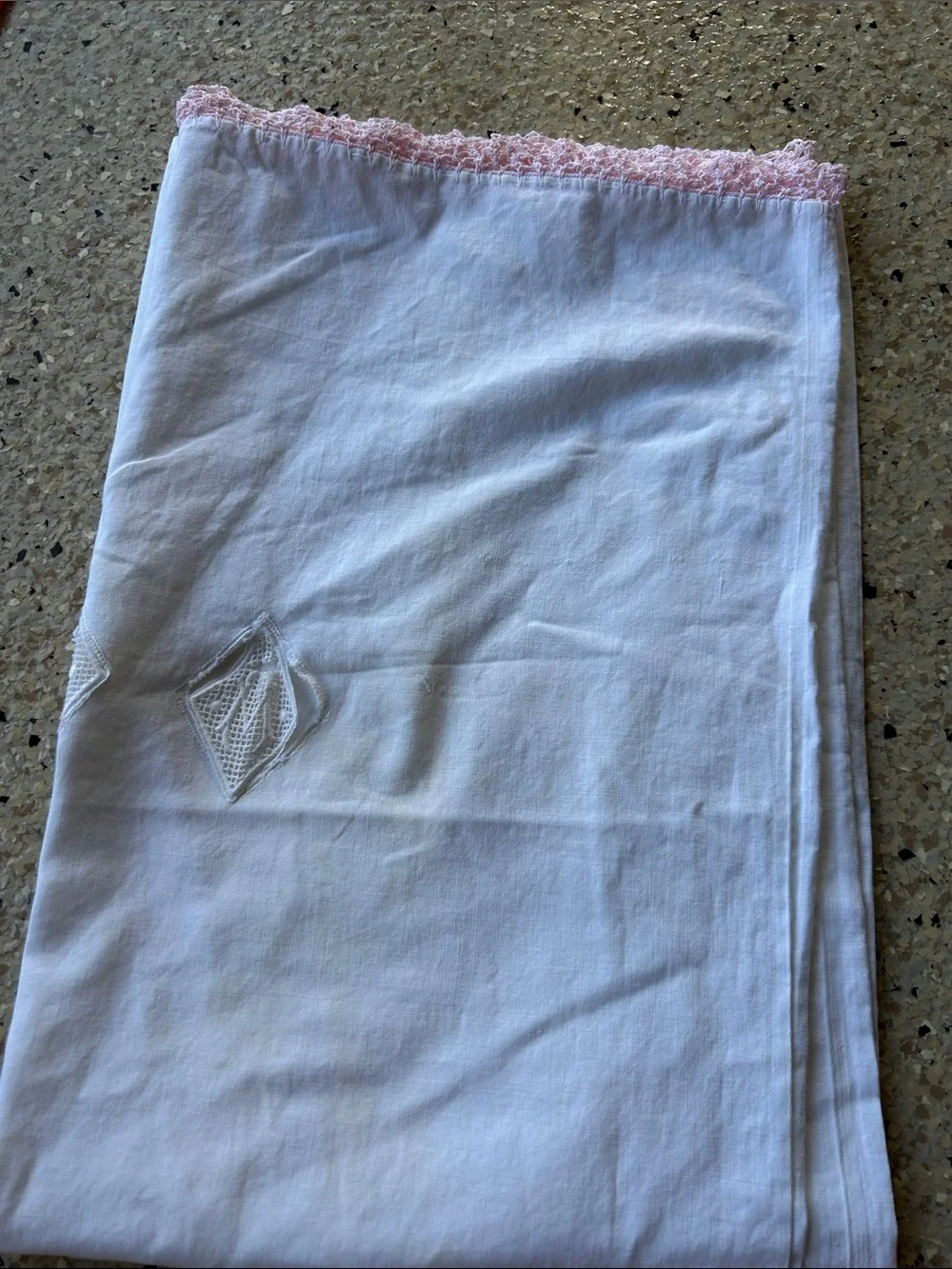 Vintage Pair of White Linen Pillowcase with Pink Lace Trim
