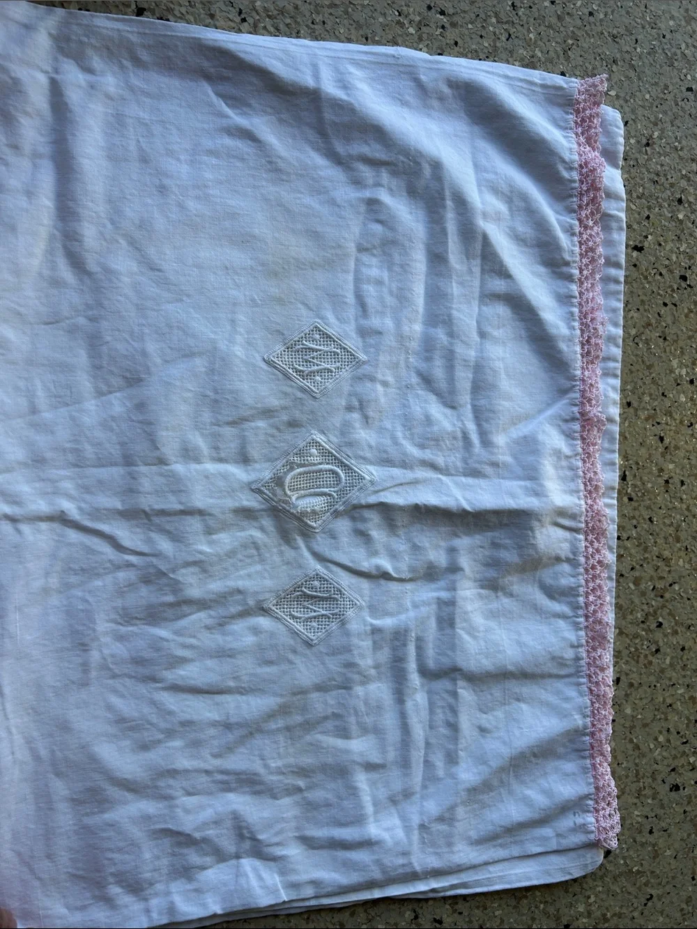 Vintage Pair of White Linen Pillowcase with Pink Lace Trim