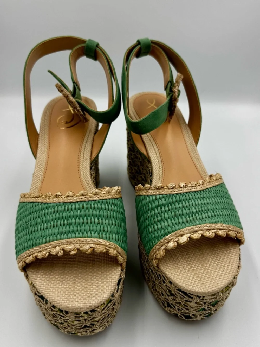 Sam Edelman Amber Green Raffia Platform Wedge Sandals Size 9 Summer New in Box