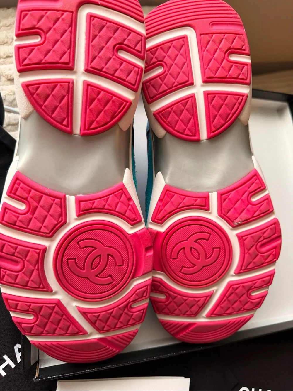 CHANEL Turquoise, Navy & Pink Suede Leather CC Logo Sneakers