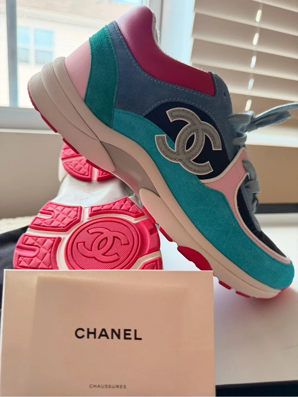 CHANEL Turquoise, Navy & Pink Suede Leather CC Logo Sneakers